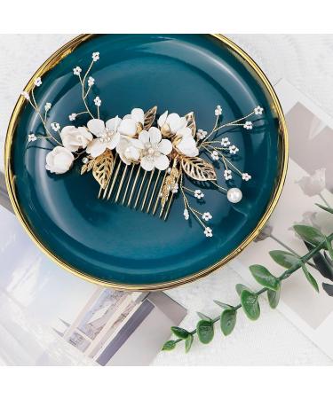 FERCAISH Wedding Hair Comb Flower Crystal Bridal Hair Accessories Pearl Leaf Headpiece for Wedding Bride Bridesmaid (White) - Buy Online on GoSupps.com