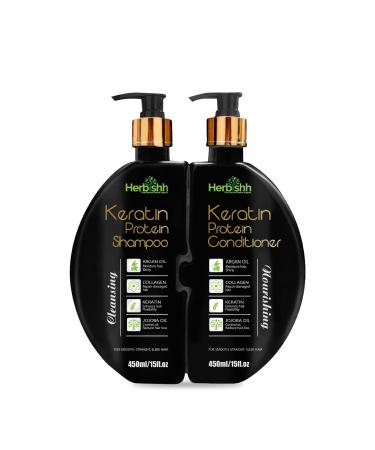 Herbishh Keratin Shampoo and Conditioner Set - Hydrating Shampoo & Nourishing Conditioner for Dry Damaged Hair - Sulfate Free - Plant Based - Set of 2