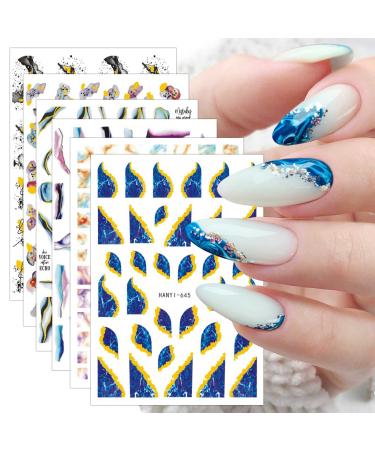 JMEOWIO 10 Sheets Marble French Tip Nail Art Stickers Decals Self-Adhesive Pegatinas U as Colorful Marble Line Nail Supplies Nail Art Design Decoration Accessories