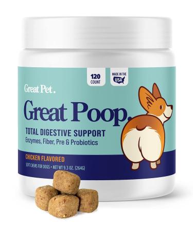 Great Poop Probiotics for Dogs - Fiber for Dogs Supplement with Dog Probiotics and Digestive Enzymes for a Healthy Gut Firm Stool & Diarrhea Relief - Chicken Flavored Pet Soft Chews with Prebiotics Dog - 120 Ct