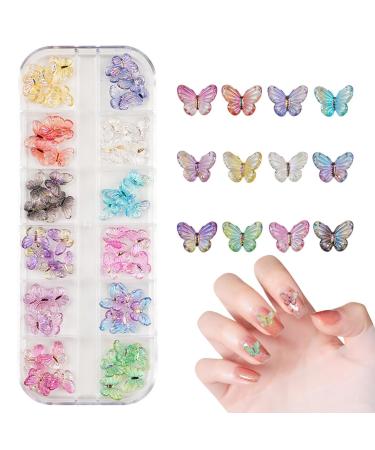 3D Butterfly Nail Charms 1Box 12Grids Resin Colorful Butterfly Nail Art Charms Mini Cute Nail Art Decorations for Women Girls Manicure Design DIY Crafts (Colorful B)