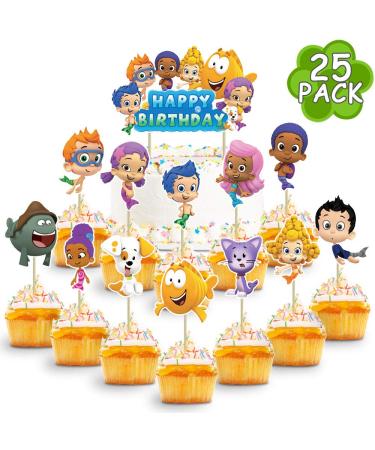 Guppies Happy Birthday Cake Topper Mini Cupcake Toppers Birthday Cake Decorations Party Supplies for Kids Guppies Ocean Sea Theme Birthday Party Baby Shower 25 Pack