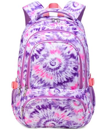 BLUEFAIRY Girls Backpack Kids Elementary School Bags for Teens Primary Bookbags Lightweight Waterproof Sturdy Durable Gift Polyester Mochila Para 5.6.7.8.9.10 Ni as((Tie Dye Purple) A-spiral-purple