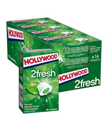 Hollywood Chewing Gum 2 Fresh - Parfum Menthe Verte Chlorophylle - Sans Sucres avec dulcorants - Lot de 16 paquets de 10 drag es - 22 g menthe verte/chlorophylle