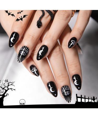 Halloween Press On Nails - Black Goth Short Almond Snake & Moon Designs - Spooky 30 Nail Kit with Glue 15 Sizes Available - Buy Online on GoSupps.com