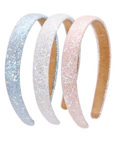 LONEEDY 3 Pack Glitter Sequins Sparkly Hard Headbands for Kids Wide Padded Hair Bands Fashion Cute Daily Accessories for Girls and Women (pink + sky blue + white) - Buy Online on GoSupps.com