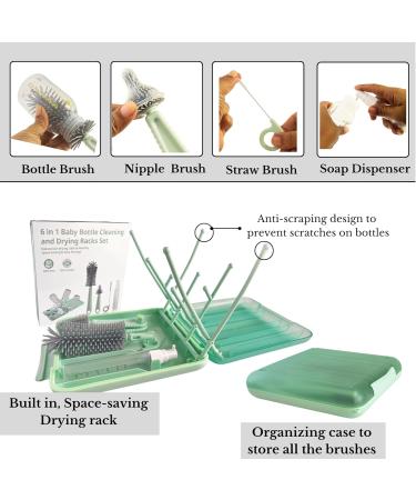 6 in 1 Baby Bottle Cleaning Brush Set with Drying Rack & Soap Dispenser - Green | Newborn Essentials - Buy Online on GoSupps.com