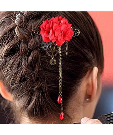 Maciun Steampunk Hair Clip - Flower Hair Clips Steampunk Hair Clips with Tassels Chain Rose Flower Hair Clip Vintage Gothic Hair Accessories for Women Red - Buy Online on GoSupps.com