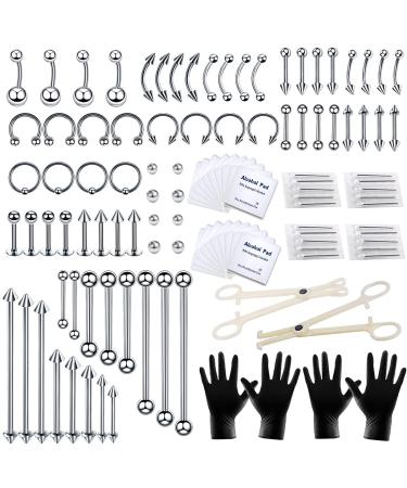 Tustrion 118PCS Piercing Kit for All Body Piercings Stainless Steel Piercing Jewelry 14G 16G for Ear Cartilage Tragus Nose Septum Lip Nipple Piercing Tools