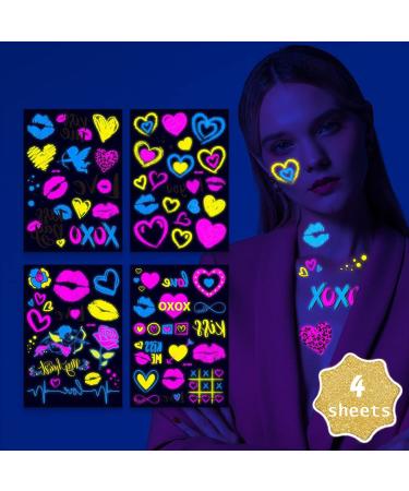 Fluorescence UV Neon Heart Luminous Temporary Tattoos Bride Wedding Valentine Neon Heart Bar Party Nightclub Music Rave Festival Accessory Party Waterproof Temporary Tattoo Stickers For Women Men Adults(Neon Heart) - Buy Online on GoSupps.com