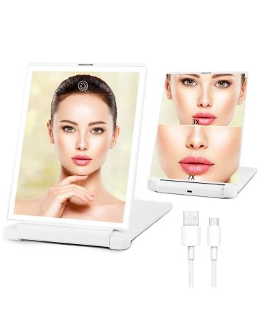 Fabuday Lighted Travel Makeup Mirror with Lights - Rechargeable 1X/3X/7X Magnifying Make Up Vanity Mirror with 3 Color Lighting  Light Up LED Compact Mirror  Desk Folding Cosmetic Mirror with Bag White
