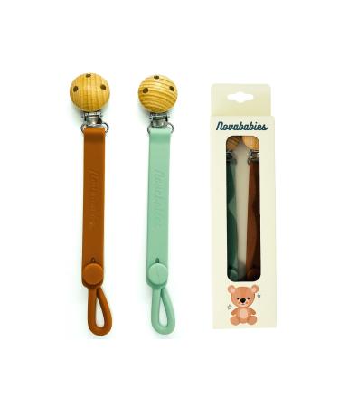 Novababies Pacifier Clips & Teether Holder 2 Pack BPA Free Food Grade Silicone Pacifier Holder Hazard Free No Beads No Strings for Baby Boys Gift Package Included
