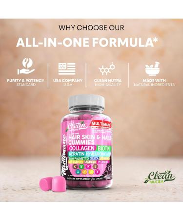 Clean Nutraceuticals Biotin Collagen Keratin Gummies | Hair Skin and Nails Vitamins for Women | Hyaluronic Acid Bamboo Vitamin A C D3 E Folate with Saw Palmetto Silica B3 B12 Vegan Gummy - Buy Online on GoSupps.com