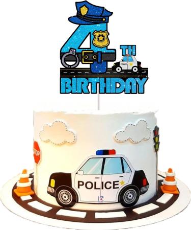 Police Cake Topper for Boys Girls 4th Happy Birthday Police Car Lights Sign Theme Party Decorations Supplies Glitter Blue Sheriff Police 4 Years Old Cake Decorations - Buy Online on GoSupps.com