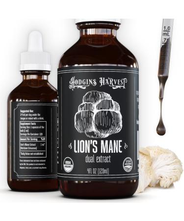 Hodgins Harvest Organic Lion's Mane Fruiting Body Extract Tincture - Mushroom Supplement for Brain Health and Mental Focus - Dual Extract Formula - Extra Concentrated - 4 fl oz Bottle Lion's Mane 4 Fl Oz (Pack of 1)