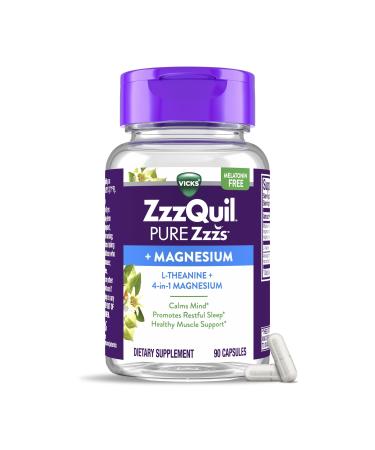 ZzzQuil Pure Zzzs +Magnesium Capsules L-Theanine and Magnesium Sleep Aid 4-in-1 Magnesium: Citrate Bisglycinate Oxide and Carbonate Sleep Aids for Adults 90 Sleep Capsules