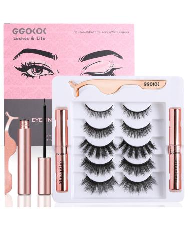GGOKOK 5 Pairs Reusable Magnetic Eyelashes and 2 Tubes of Magnetic Eyeliner Kit 3D Magnetic Eyelashes Kit With Tweezers Inside Magnetic Eyeliner and Magnetic Eyelash Kit - No Glue Needed(Style 1)