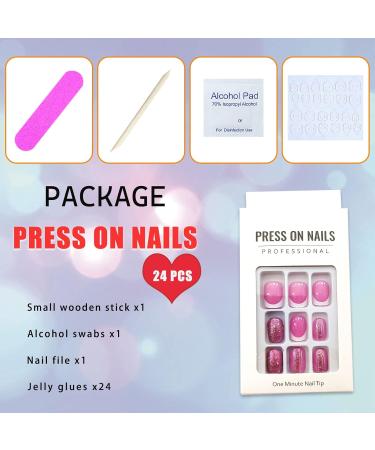 Square Short Fake Nails | Acrylic Press on Nails Rose Pink Glitter | 24 Pcs Full Cover French Tip for Women - Buy Online on GoSupps.com