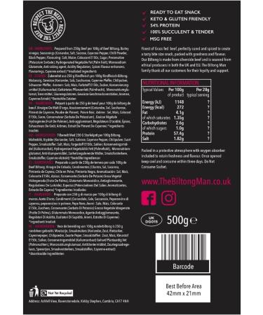 The Biltong Man Peri-Peri Fatty Beef Biltong 500g - High Protein Healthy Chilli Beef Snack - Buy Online on GoSupps.com