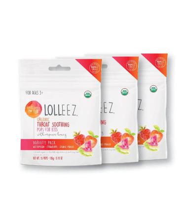 Lolleez Organic Throat Soothing Pops for Kids with Organic Honey, Cold and Flu Season Relief, Flavor Variety Pack (3 Pack x 15 ct)