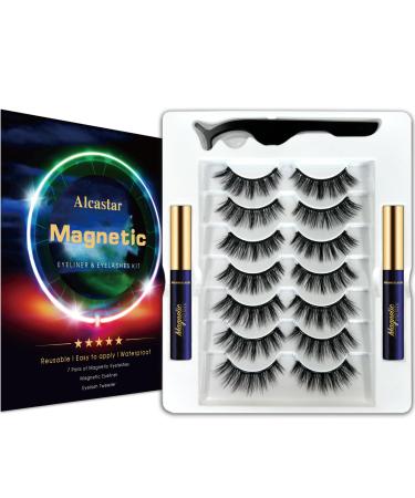 Alcastar Magnetic Eyelashes Magnetic Eyelashes Natural Look Magnetic Eyelash and Eyeliner Kit Reusable Magnetic Applicator Long Lasting Easy Apply.Cruelty-Free(7 Pairs)