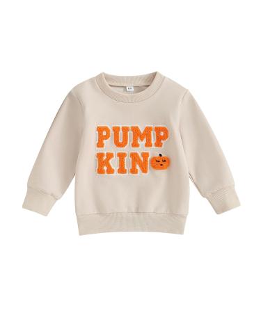 JCMoniDun Toddler Baby Halloween Outfit Boy Girl Pumpkin Letter Print Sweatshirt Long Sleeve Pullover Casual Fall Tops (04 Beige 12-18 Months)