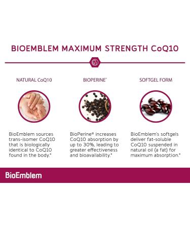 BioEmblem CoQ10 with BioPerine - 200mg Softgels for Energy & Heart Health | Non-GMO Coenzyme Q10 Supplement - 90 Count - Buy Online on GoSupps.com