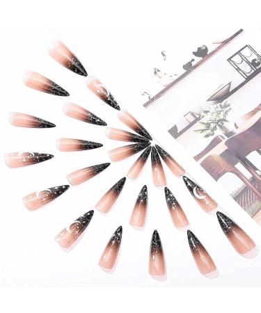 Acenail Glitter Glossy Moon Star Extra Long Stiletto Press on Nails - 24Pcs French Clear Ombre False Nails with Rhinestone Designs for Women and Girls - Buy Online on GoSupps.com
