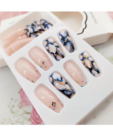 Shop Medium Length Coffin Press on Nails | Blue Marble & Sequin Designs | Glossy Acrylic Full Cover Nail Set for Women - 24 Pcs - Buy Online on GoSupps.com