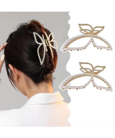 CLKFDCH 2 Pack Large Metal Pearl Hair Claw Clips Butterfly Bow Pearl Hair Claws Accessories Grab Clip Shark Clip Ponytail Claw Clip for Women Girls Thick Long Hair
