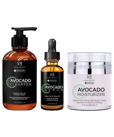 Radha Beauty Avocado Complete Facial Care Kit - 3-in-1 Anti-Aging Set with Cleanser Serum and Moisturizer for Wrinkles and Dark Spots. Day & Night Brightening Skincare Gift Set