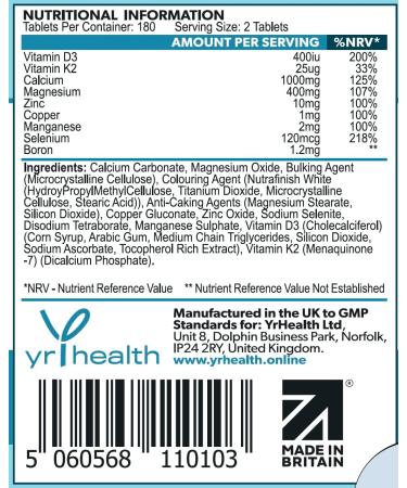 Calcium Magnesium Zinc Vitamin D with K2 MK-7 Tablets - Osteo Supplement - 180 Vegan Tablets - UK Made by YrHealth - Buy Online on GoSupps.com