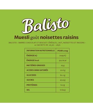 Balisto - Chocolate and Biscuit Bars Cereals Milk Hazelnuts and Grapes - 10 Bags of 18.5 g - 185 g - Buy Online on GoSupps.com