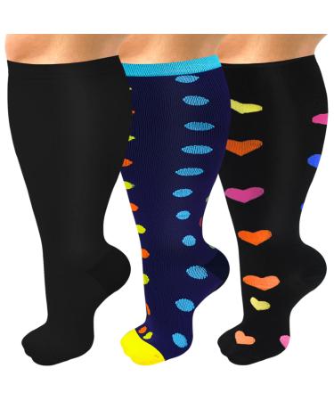 SIOAUIRT Plus Size Compression Socks for Women Men 20-30 mmHg, Wide Calf Stockings Best Support for Circulation, Running XX-Large 03 Assort - 3pack