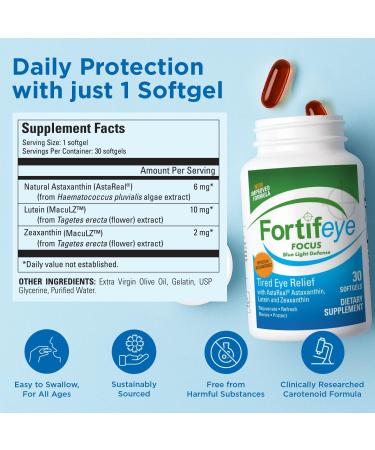 Fortifeye Focus Eye Care Supplement 30 Softgel Capsules - Triple Carotenoid Including Astaxanthin Lutein and Zeaxanthin Supplements Eye Vitamins Supports Eyes Fatigue and Blue Light Protection - Buy Online on GoSupps.com