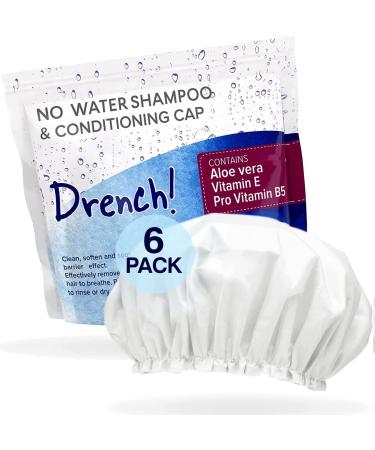 Drench No Water Rinse Free Shampoo Caps 6-Pack - Waterless Shampoo and Conditioner - Dry Hair Wash Caps for Elderly or Bedridden - Contains Aloe Vera, Vitamin E and Provitamin B5