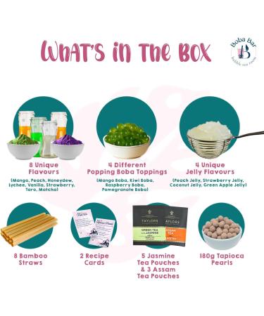 Boba Bar London | Bubblicious Mixed Bubble Tea Kit | 8 Mixed Tea Flavours | 8 Boba & Jelly Toppings | Tapioca Pearls | 8 Bamboo Straws | 8 Tea Bags | 2 Recipe Cards Boba Bar London | Bubblicious Mixed Bubble Tea Kit | 8 Mixed Tea Flavours | 8 Boba & Jelly - Buy Online on GoSupps.com