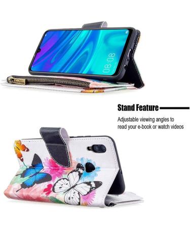 Miago Leather Wallet Case for Huawei Y7 2019 - 9 Card Slots Colorful Zip Flip Butterfly Flower Design PU Leather Protective Cover - Buy Online on GoSupps.com