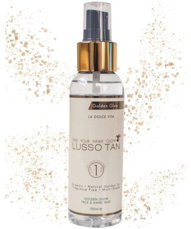 Lusso Tan Golden Glow Mist for Face and Hands Light Organic Vegan and Cruelty-Free Tinted Gradual Self-Tanning Spray in Natural Golden Tan with Vitamins. Instant-drying Streak-Free.