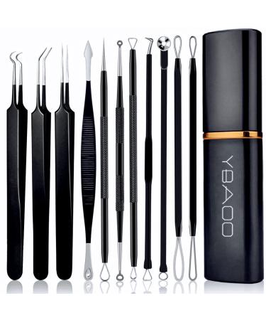 Pimple Popper Tool Kit 11 Pcs Ybaoo Blackhead Remover Pimple Extractor Tools with Metal Case for Quick and Easy Removal of Blackheads Pimples Whiteheads Zit Popper Forehead Facial and Nose (Black)