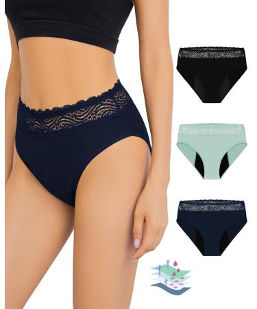 Leovqn Period Pants for Women Lace Trim Menstrual Underwear Heavy Flow Period Knickers Leakproof Postpartum Briefs M Black/Navy/Mint Green