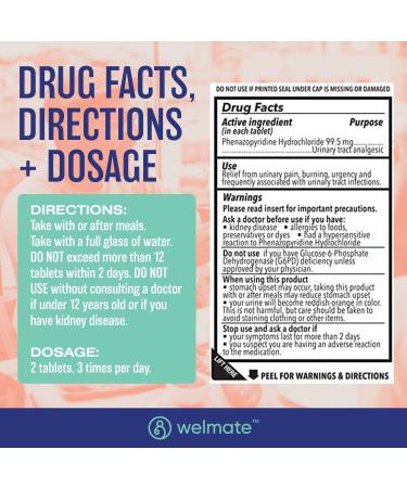 WELMATE Urinary Pain Relief Tablets - Fast Acting UTI Relief with Phenazopyridine Hydrochloride 99.5mg - 72 Count - Buy Online on GoSupps.com