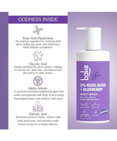 BAKE 2% Kojic Acid Body Wash for Pigmentation & Tan Removal with Glycolic Acid & Alpha Arbutin | For Dark Knees & Elbows | Dark Spots & Sun Damage | 250ml - Buy Online on GoSupps.com