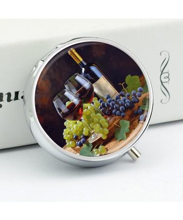 Shop Round Pill Box with Red Wine Glasses & Grapes Print - 3 Compartment Decorative Metal Organizer for Medication - Buy Online on GoSupps.com