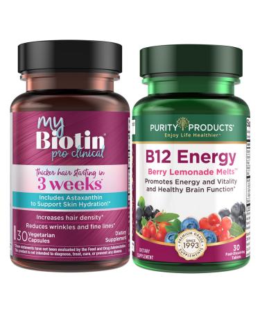 Purity Products Bundle - MyBiotin ProClinical + B-12 Energy Melt MyBiotin ProClinical (Biotin Patented MB40X Astaxanthin) - B12 Berry Melt (Methylcobalamin B12 + B6 + D3 + More)