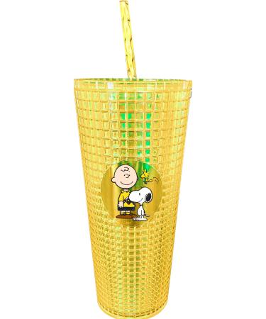 Spoontiques - Diamond Tumbler - Textured Cup with Straw - Double Wall Insulated and BPA Free - Charlie Brown & Snoopy - Yellow - 20 oz Diamond Tumbler Peanuts