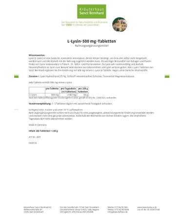 Sanct Bernhard L-Lysine 500mg - Vegan Amino Acid Tablets | 180 Tablets for 2 Months | International Shipping Available - Buy Online on GoSupps.com