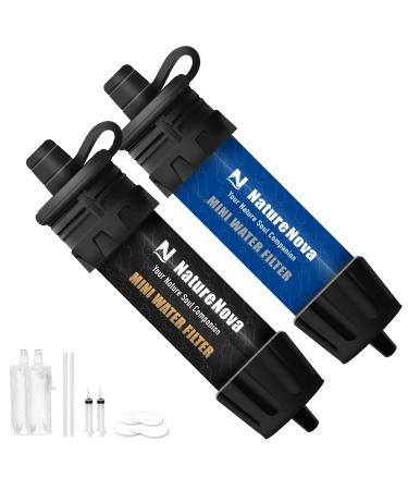 Mini Water Filter NatureNova Portable Emergency Water Filtration System Hiking Camping Straw Survival Gear Emergency Preparedness 2-pack Blue/Black-2