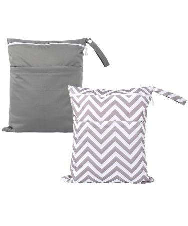 Wet Bag(2pcs), Tinabless Waterproof Wet Dry Bag Washable, Reusable for Travel, Beach, Pool, Stroller, Diapers, Dirty Gym Clothes, Wet Swimsuits, Toiletries, Baby Wet Bags with Two Zippered Pockets Grey