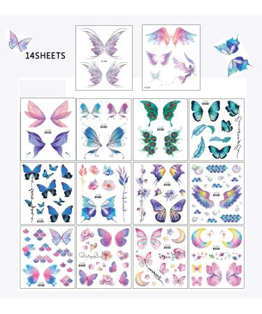 Glitter Butterfly Temporary Tattoos - 14 Sheets for Women & Girls | Eye Face Makeup Decoration, Festival Party Body Art & Eye Decor | Waterproof Fake Tattoos with Flashy Fairy Wings - Buy Online on GoSupps.com